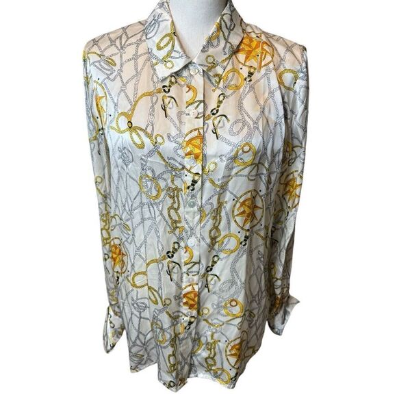 Vintage HALSTON Women’s 100% Silk Blouse  Chain Sun Sz 12 Mother Of Pearl Button - Picture 1 of 6